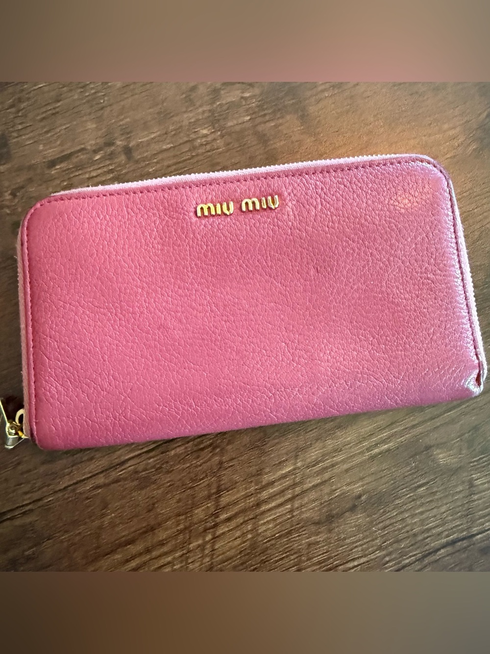 Miu Miu Pink Madras Leather Zip-Around Wallet with Gold Logo